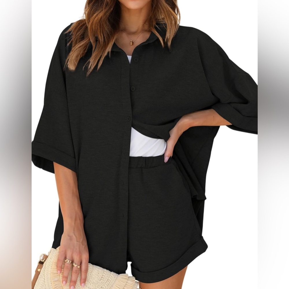 2 Piece Lounge Set Black waffle knit